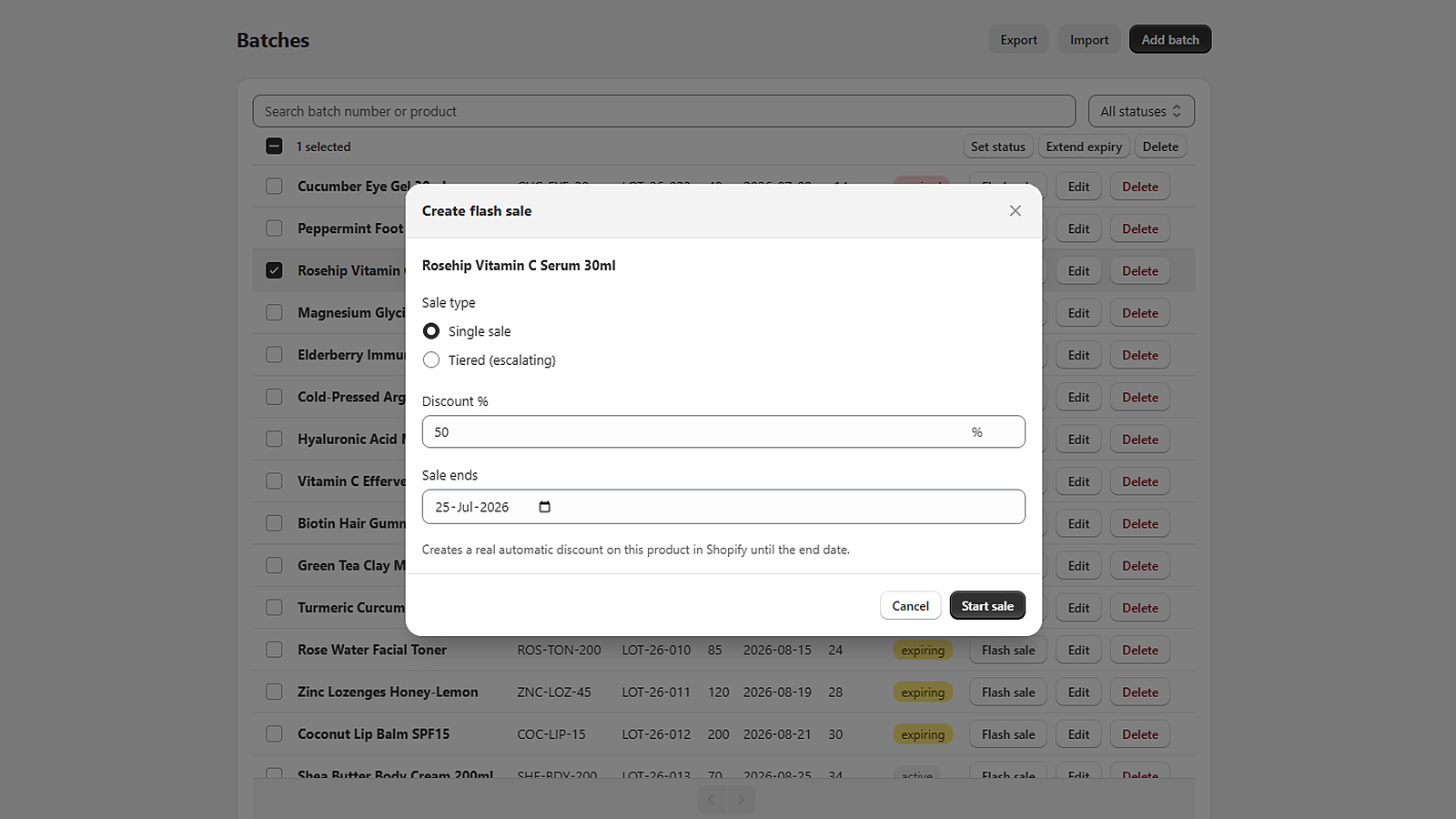 Creating a flash sale against an expiring batch — single sales and escalating tiered ladders are both available.
